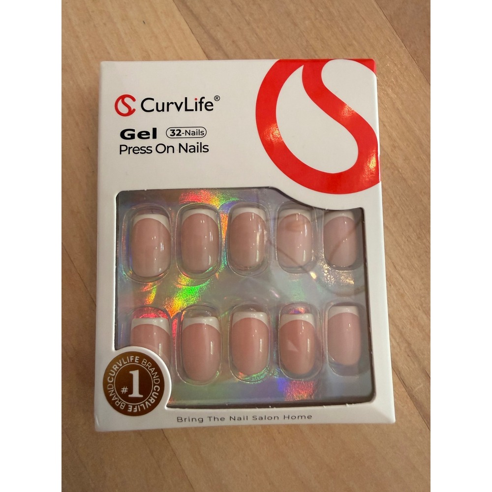 CurvLife Gel Press On Nails French Tip Square Medium Nude White Manicure